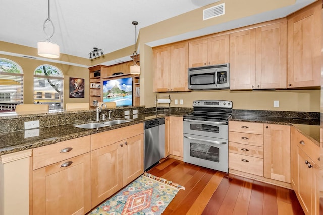 650 Main St N Unit B05, Stillwater, MN 55082 - kitchen featuring appliances with stainless steel finishes, light brown cabinets, a sink, dark wood-style floors, and a peninsula