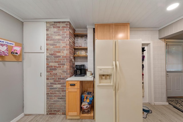 721 1st St N, Waterville, MN 56096 - kitchen featuring white fridge with ice dispenser, light wood finished floors, open shelves, light countertops, and wood ceiling