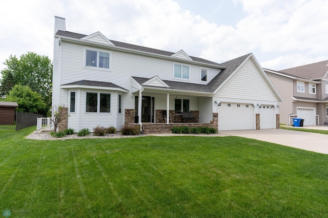 4408 Riverwood Dr N, Fargo, ND 58102 - view of front facade featuring a porch, a garage, driveway, a chimney, and a shingled roof