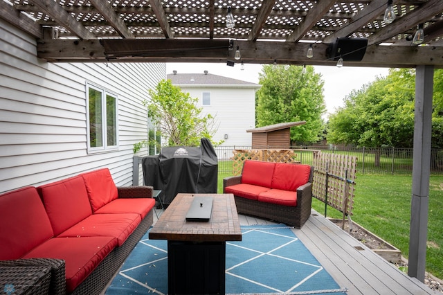4408 Riverwood Dr N, Fargo, ND 58102 - wooden terrace with outdoor lounge area, a pergola, and grilling area