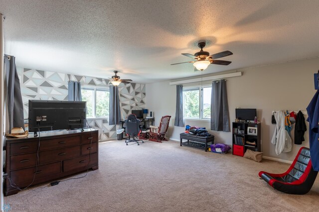 4408 Riverwood Dr N, Fargo, ND 58102 - bedroom featuring light colored carpet, a textured ceiling, a ceiling fan, and a desk