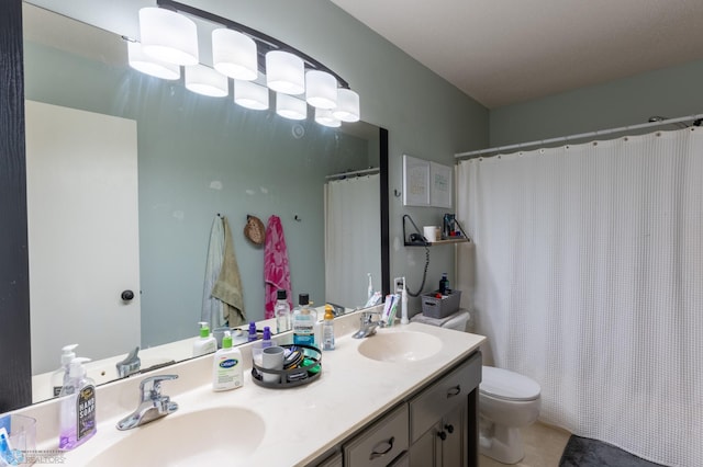 4408 Riverwood Dr N, Fargo, ND 58102 - full bathroom with toilet, double vanity, and a shower with curtain