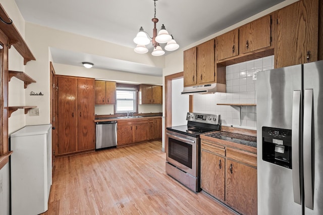 2059 Iglehart Ave, Saint Paul, MN 55104 - kitchen with appliances with stainless steel finishes, open shelves, brown cabinets, and a sink