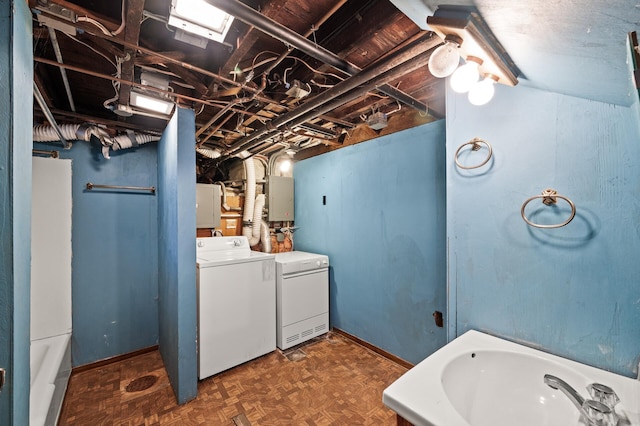 2059 Iglehart Ave, Saint Paul, MN 55104 - full bathroom featuring a bath, washer and clothes dryer, electric panel, and vanity