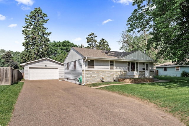 5030 Jefferson St NE, Columbia Heights, MN 55421 - ranch-style house featuring an outbuilding, a garage, a shingled roof, and stone siding