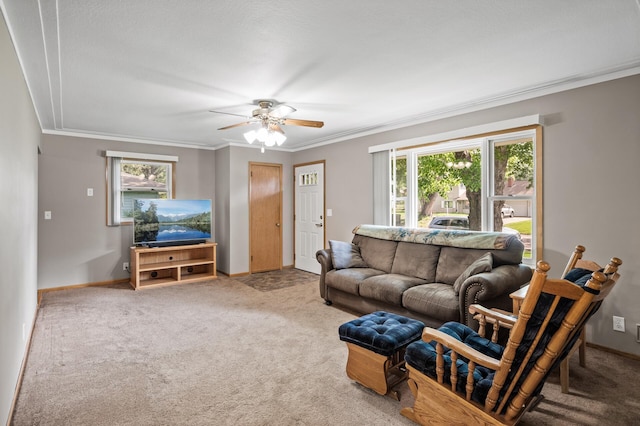 5030 Jefferson St NE, Columbia Heights, MN 55421 - carpeted living area with ornamental molding, plenty of natural light, ceiling fan, and baseboards