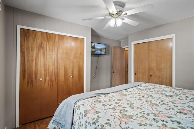 5030 Jefferson St NE, Columbia Heights, MN 55421 - bedroom featuring multiple closets, wood finished floors, and a ceiling fan