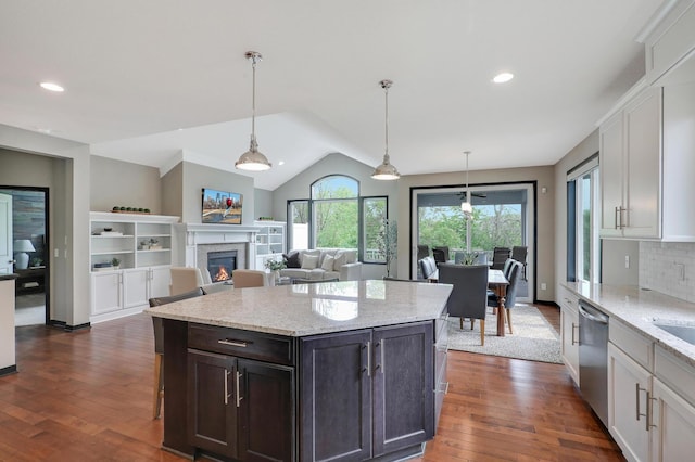 2524 Sandstone Ln, Orono, MN 55356 - kitchen featuring stainless steel dishwasher, dark wood finished floors, white cabinets, a warm lit fireplace, and vaulted ceiling