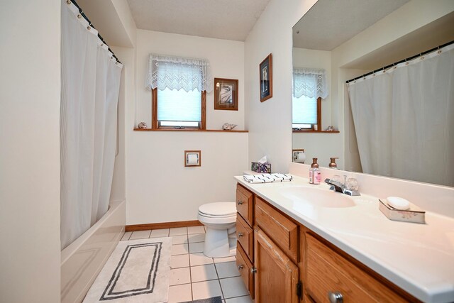 206 Skyline Hts, Wabasha, MN 55981 - full bathroom with vanity, toilet, tile patterned floors, shower / bathtub combination with curtain, and baseboards