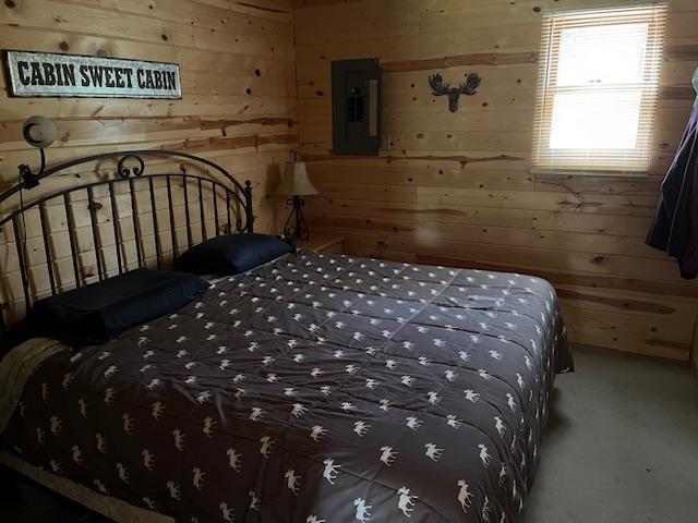 3573 Kallio Rd, Orr, MN 55771 - carpeted bedroom featuring electric panel and wooden walls