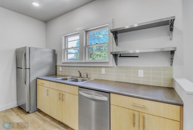 1036 12th St N, Fargo, ND 58102 - kitchen featuring appliances with stainless steel finishes, light brown cabinetry, open shelves, a sink, and recessed lighting