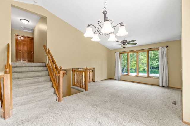 6260 Wessel Ct, Eden Prairie, MN 55346 - unfurnished room featuring lofted ceiling, a chandelier, carpet, and ceiling fan