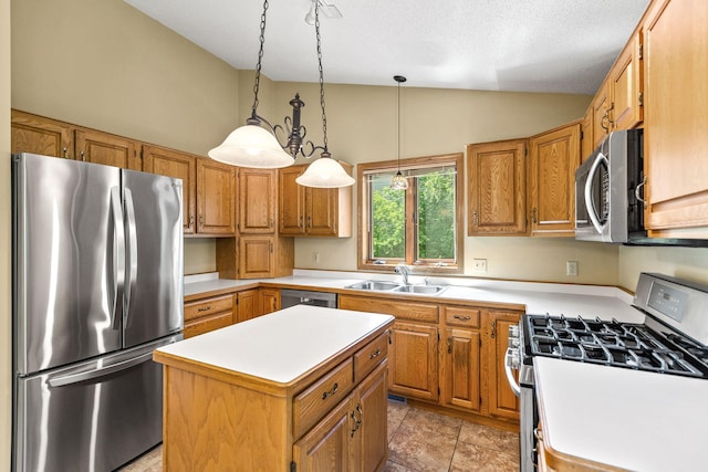 6260 Wessel Ct, Eden Prairie, MN 55346 - kitchen featuring appliances with stainless steel finishes, light countertops, pendant lighting, a center island, and high vaulted ceiling