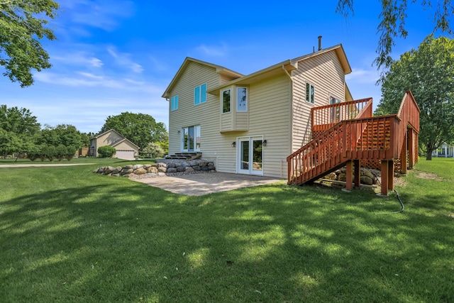 6260 Wessel Ct, Eden Prairie, MN 55346 - rear view of house featuring stairs, a lawn, a wooden deck, and a patio area