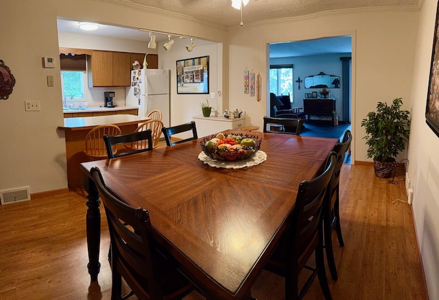 30055 Shore Dr, Pengilly, MN 55775 - dining area with rail lighting, light wood-style floors, and ornamental molding