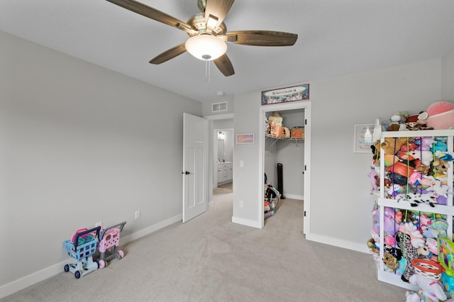 5945 178th St W, Lakeville, MN 55044 - recreation room featuring light carpet, ceiling fan, and baseboards