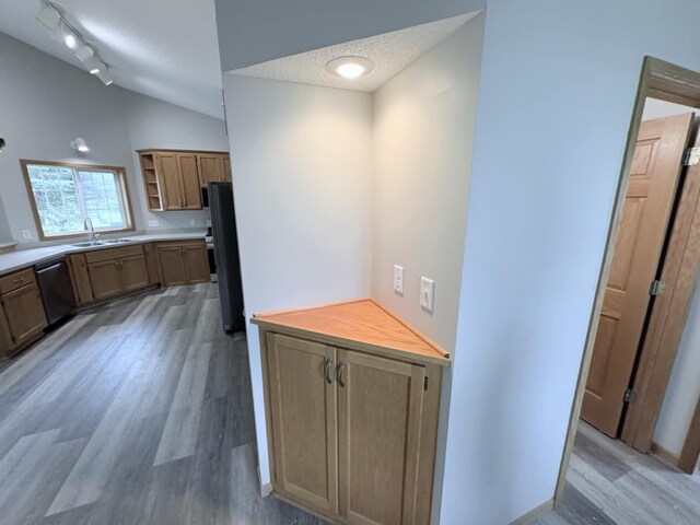 1855 Pioneer Ln Unit 1855, Centerville, MN 55038 - kitchen featuring dishwasher, light wood finished floors, open shelves, lofted ceiling, and light countertops