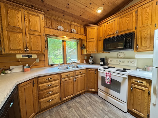 27315 Stark Lake Rd, Aitkin, MN 56431 - kitchen featuring black appliances, a sink, wooden ceiling, light wood finished floors, and brown cabinets