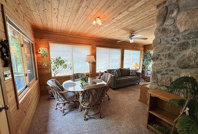 27315 Stark Lake Rd, Aitkin, MN 56431 - dining space with wooden ceiling, wood walls, carpet flooring, and ceiling fan