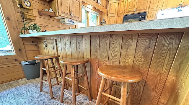 27315 Stark Lake Rd, Aitkin, MN 56431 - indoor dry bar with wooden walls, carpet flooring, plenty of natural light, range hood, and black microwave