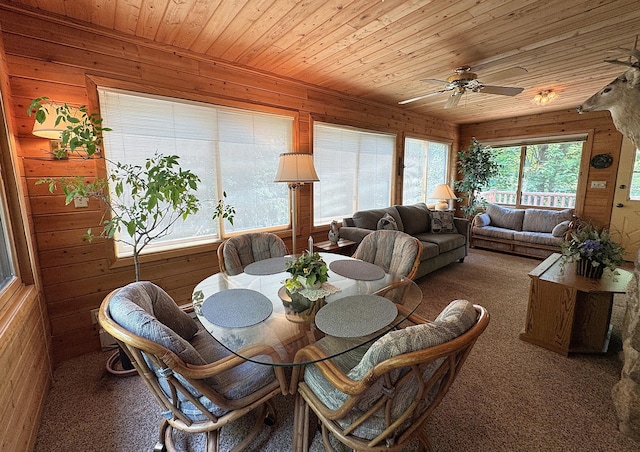 27315 Stark Lake Rd, Aitkin, MN 56431 - dining space featuring wooden walls, carpet floors, wooden ceiling, and a ceiling fan