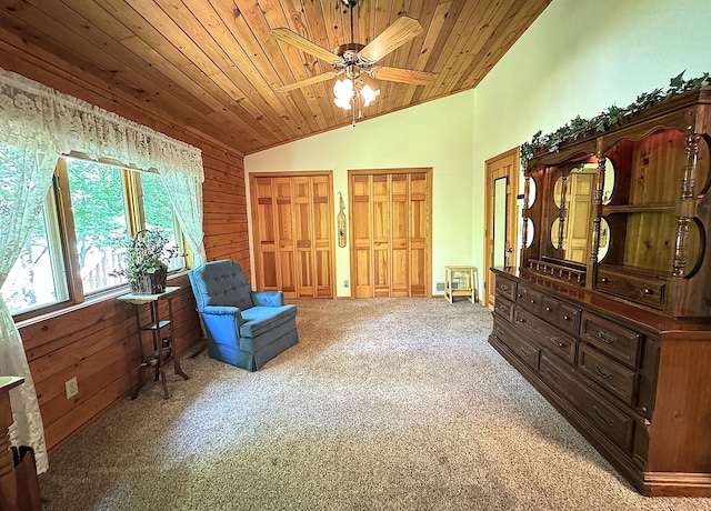 27315 Stark Lake Rd, Aitkin, MN 56431 - living area featuring vaulted ceiling, wood ceiling, carpet floors, a ceiling fan, and wood walls