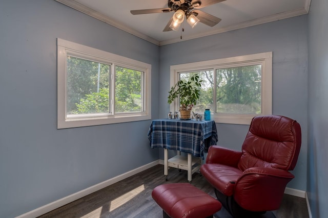 43867 County Road 15, New Sweden Twp, MN 56074 - living area with crown molding, wood finished floors, and a ceiling fan