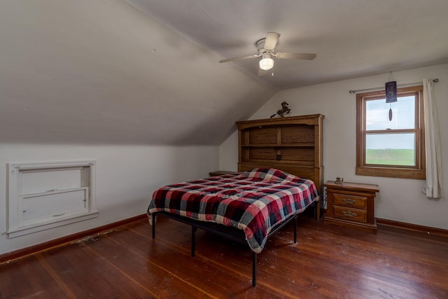 43867 County Road 15, New Sweden Twp, MN 56074 - bedroom with hardwood / wood-style flooring, vaulted ceiling, and a ceiling fan