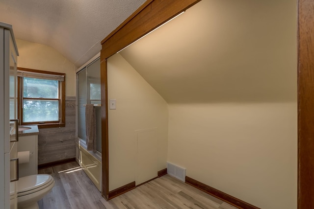 43867 County Road 15, New Sweden Twp, MN 56074 - full bathroom featuring lofted ceiling, wood finished floors, bath / shower combo with glass door, vanity, and a textured ceiling