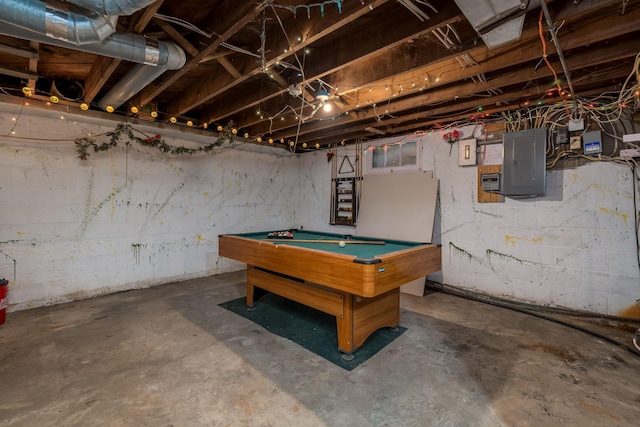 43867 County Road 15, New Sweden Twp, MN 56074 - playroom with electric panel, unfinished concrete floors, and billiards