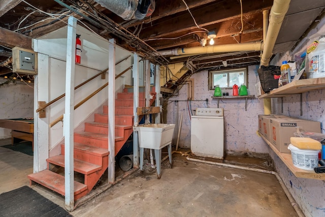 43867 County Road 15, New Sweden Twp, MN 56074 - below grade area with washer / dryer and stairway