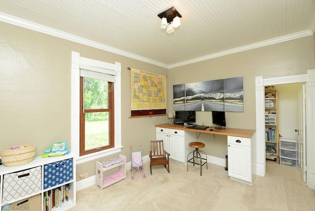 5560 County Road 3, Kindred, ND 58051 - home office with light colored carpet, ornamental molding, baseboards, and built in desk