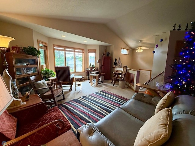 521 Kroshus Dr, Dilworth, MN 56529 - carpeted living room featuring lofted ceiling and a ceiling fan