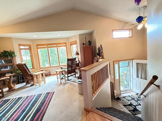 521 Kroshus Dr, Dilworth, MN 56529 - staircase with vaulted ceiling, baseboards, and ceiling fan