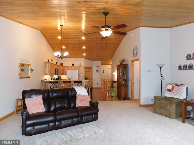 37760 Dove St Unit 14, Aitkin, MN 56431 - living area with light colored carpet, wooden ceiling, lofted ceiling, and a ceiling fan
