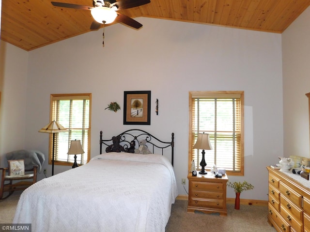 37760 Dove St Unit 14, Aitkin, MN 56431 - bedroom with wooden ceiling, multiple windows, carpet flooring, and high vaulted ceiling