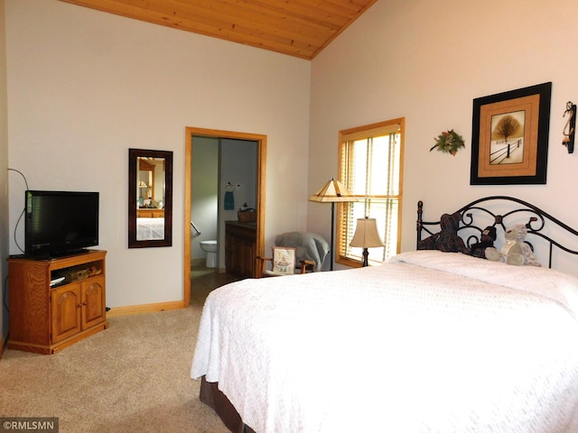 37760 Dove St Unit 14, Aitkin, MN 56431 - bedroom featuring light colored carpet, wooden ceiling, high vaulted ceiling, and ensuite bath