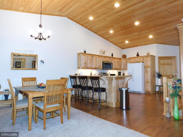 37760 Dove St Unit 14, Aitkin, MN 56431 - dining area featuring wood ceiling, a chandelier, recessed lighting, high vaulted ceiling, and dark wood-style floors