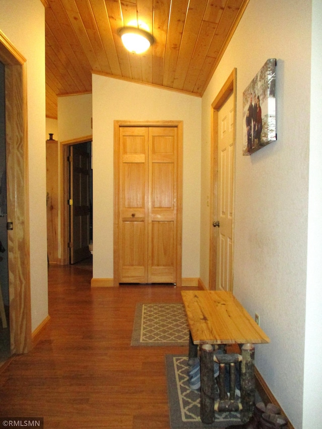 37760 Dove St Unit 14, Aitkin, MN 56431 - corridor with wood ceiling, wood finished floors, and vaulted ceiling