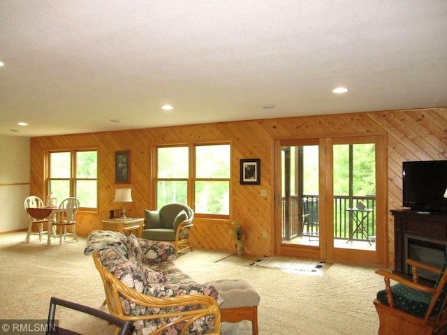 37760 Dove St Unit 14, Aitkin, MN 56431 - living room featuring carpet, wood walls, recessed lighting, and a fireplace