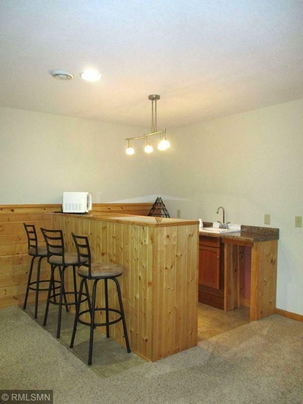 37760 Dove St Unit 14, Aitkin, MN 56431 - indoor wet bar with white microwave, light carpet, hanging light fixtures, and wooden walls
