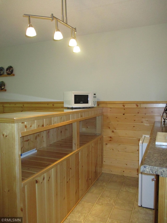 37760 Dove St Unit 14, Aitkin, MN 56431 - kitchen with white microwave, wooden walls, and pendant lighting