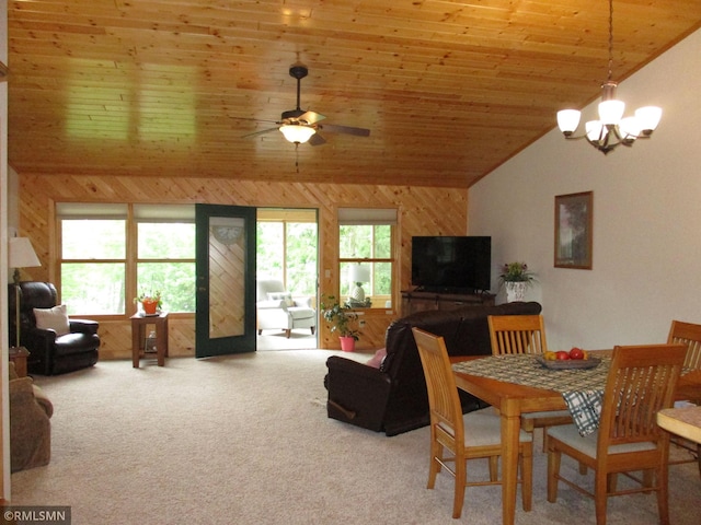 37760 Dove St Unit 14, Aitkin, MN 56431 - carpeted dining room featuring wood walls, wooden ceiling, a ceiling fan, a chandelier, and high vaulted ceiling