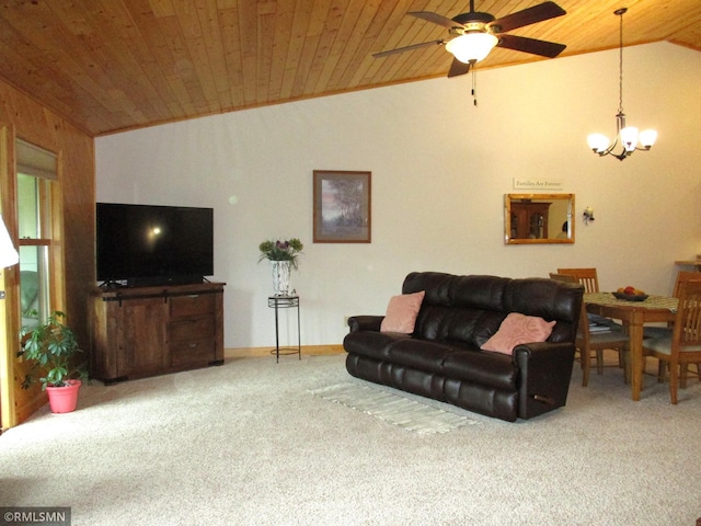 37760 Dove St Unit 14, Aitkin, MN 56431 - living area with vaulted ceiling, wood ceiling, carpet flooring, a ceiling fan, and a chandelier