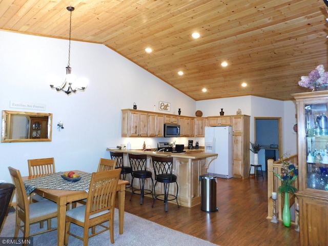37760 Dove St Unit 14, Aitkin, MN 56431 - dining area with wooden ceiling, a chandelier, recessed lighting, dark wood finished floors, and high vaulted ceiling