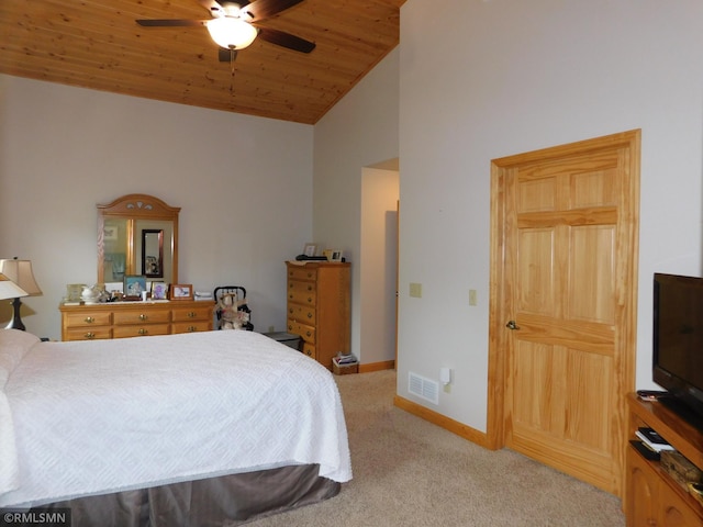 37760 Dove St Unit 14, Aitkin, MN 56431 - bedroom with light colored carpet, lofted ceiling, wooden ceiling, and a ceiling fan
