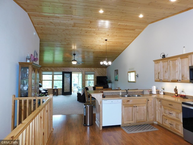 37760 Dove St Unit 14, Aitkin, MN 56431 - kitchen featuring white appliances, wood ceiling, light brown cabinetry, high vaulted ceiling, and open floor plan