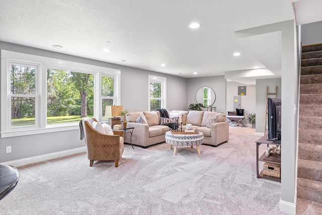 3546 230th St E, Prior Lake, MN 55372 - living area featuring stairs, light colored carpet, and recessed lighting