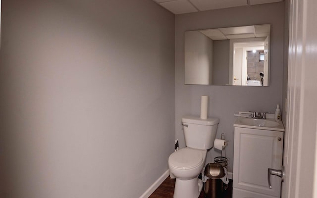 6303 84th Ct N, Brooklyn Park, MN 55445 - bathroom with vanity, wood finished floors, and a paneled ceiling