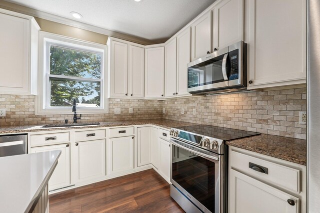 1741 Prescott Ln, Chaska, MN 55318 - kitchen with stainless steel appliances, a sink, white cabinets, and backsplash